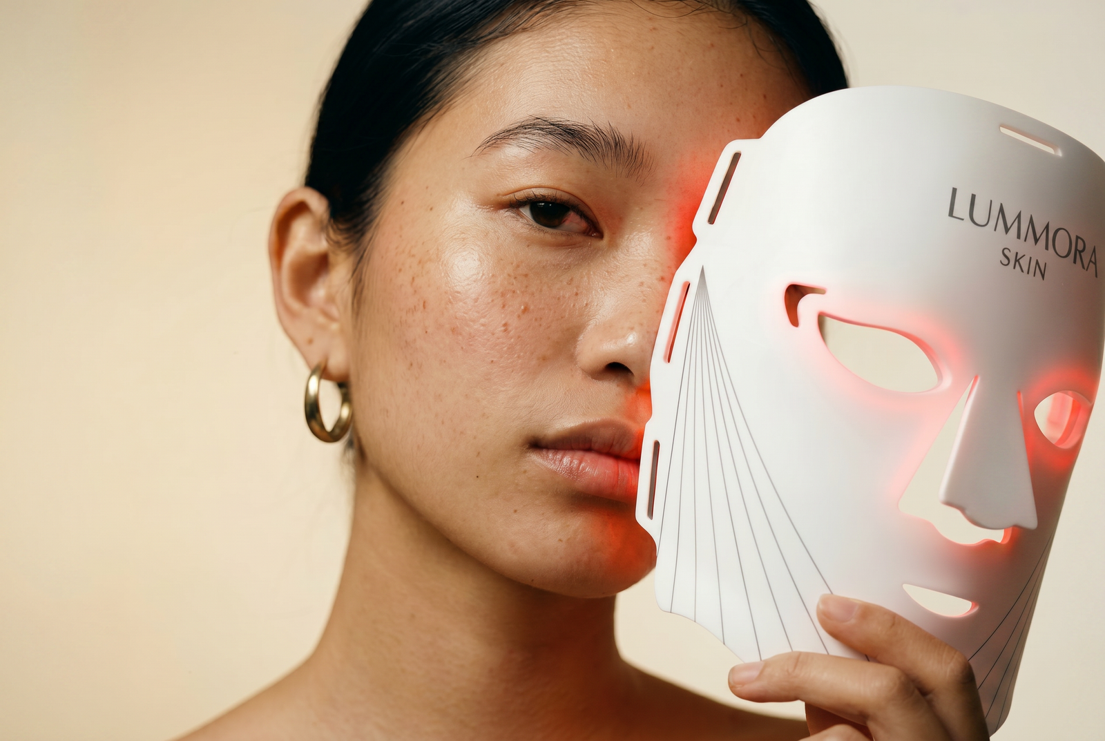 Femme portant le masque LED Lummora Skin avec lumière rouge